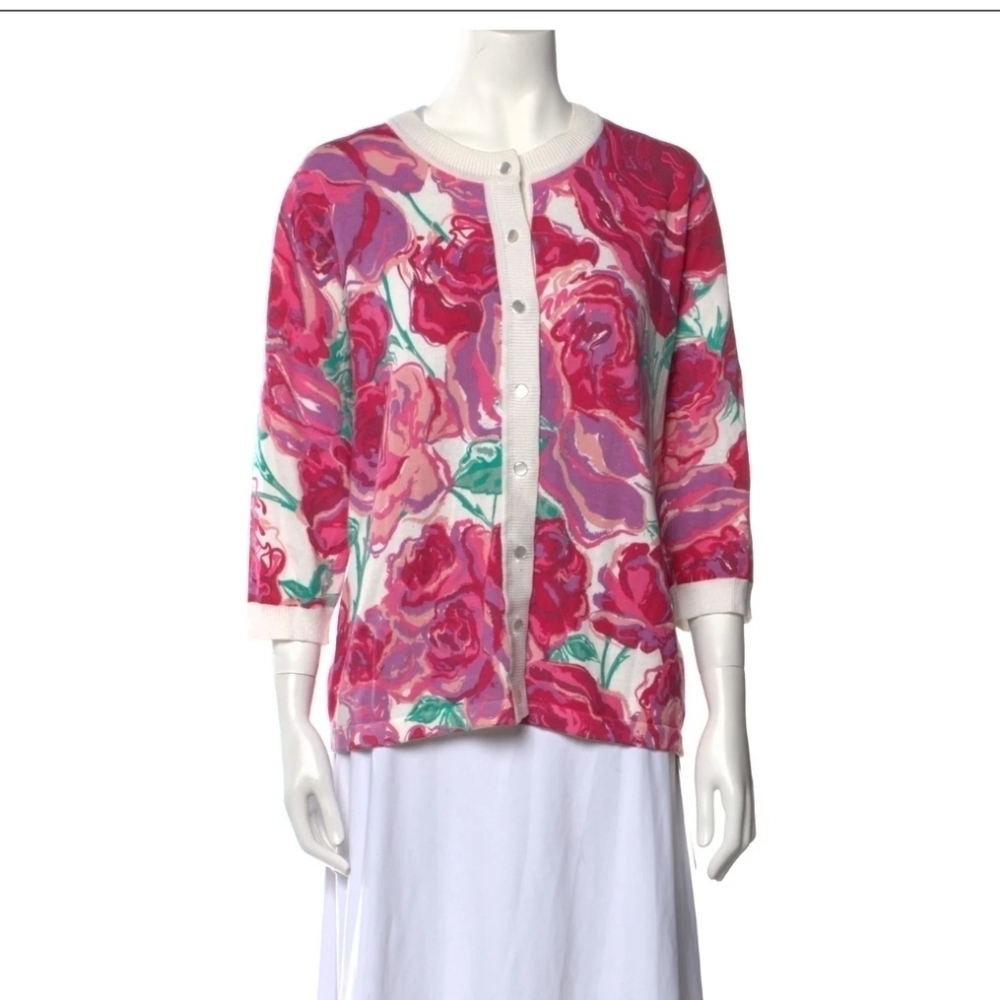 Bob Mackie Wearable Art Cardigan Large Button 3/4 Sleeve Pink Floral Sweater